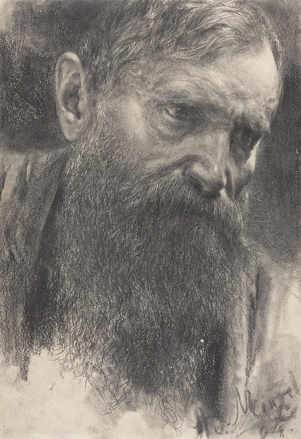 Head of a Bearded Man in Half-Profile Drawing by Adolf Menzel