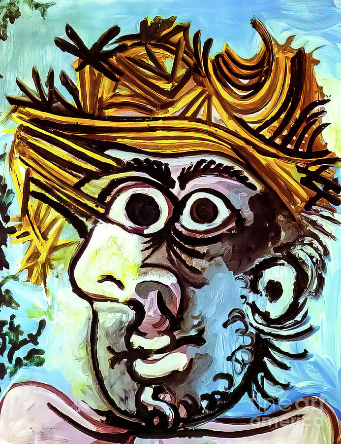 Head of a Man With a Straw Hat by Pablo Picasso 1971 Painting by Pablo Picasso