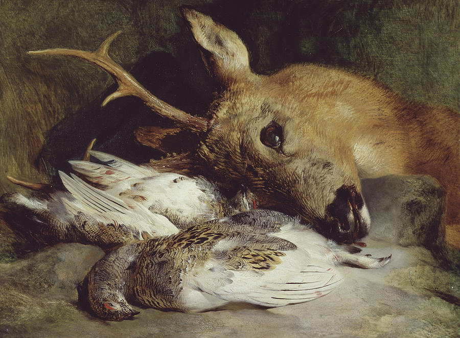 Head of a Roebuck and Two Ptarmigan Painting by Edwin Henry Landseer