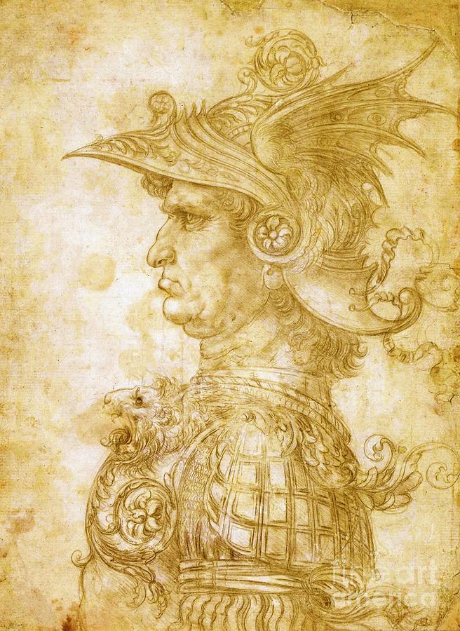 Head of a warrior man Painting by Leonardo da Vinci