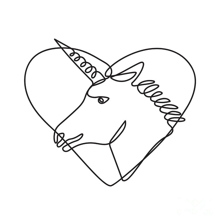 Unicorn Digital Art - Head of Unicorn Inside Heart Shape Continuous Line Drawing  by Aloysius Patrimonio