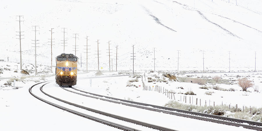 Head-On -- Union Pacific Locomotive in Snow in Monolith, California Photograph by Darin Volpe