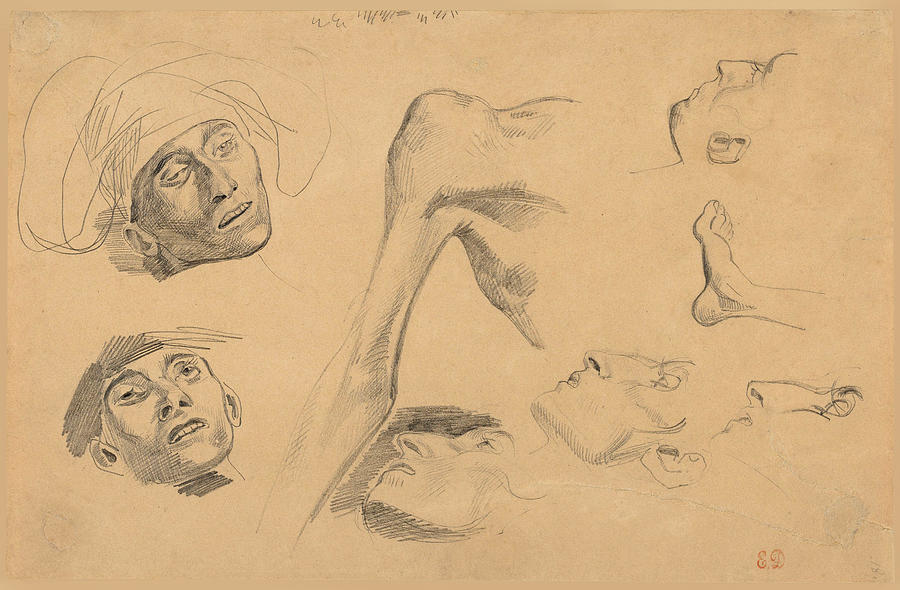 Eugene Delacroix Drawing - Head, Shoulder, and Foot, Studies for Scenes from the Chios Massacres by Eugene Delacroix