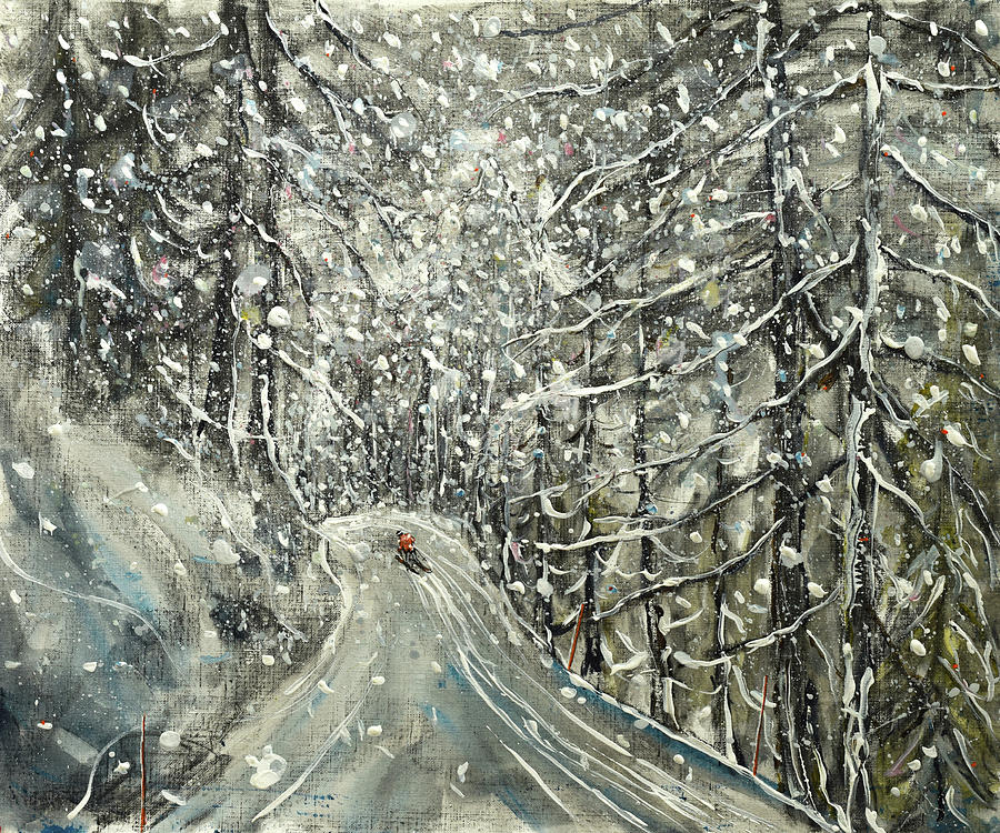 Mountain Painting - Heading Home Through the Wooded Trail at the end of a Snowy Day by Pete Caswell