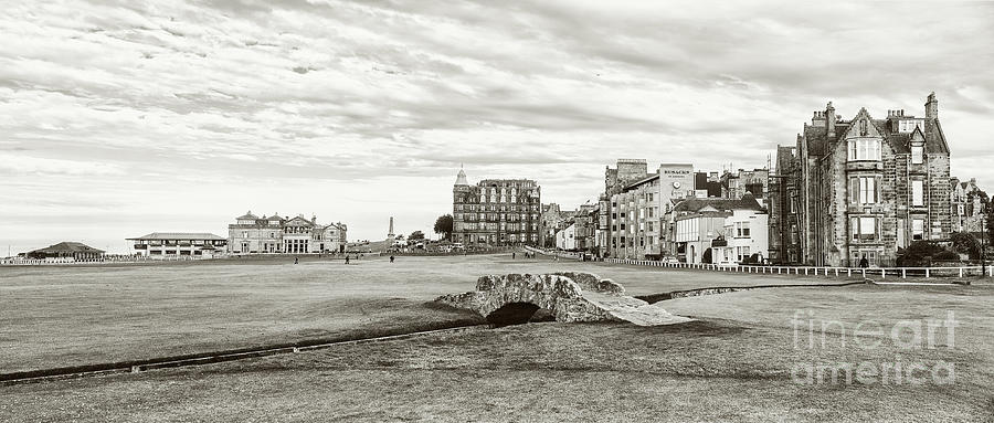 Golf Photograph - Heading into Town 18th at the Old Course Panorama - sepia by Scott Pellegrin