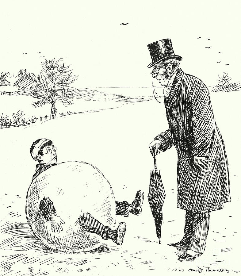 Headmaster finding a boy caught up in a snowball Drawing by English School
