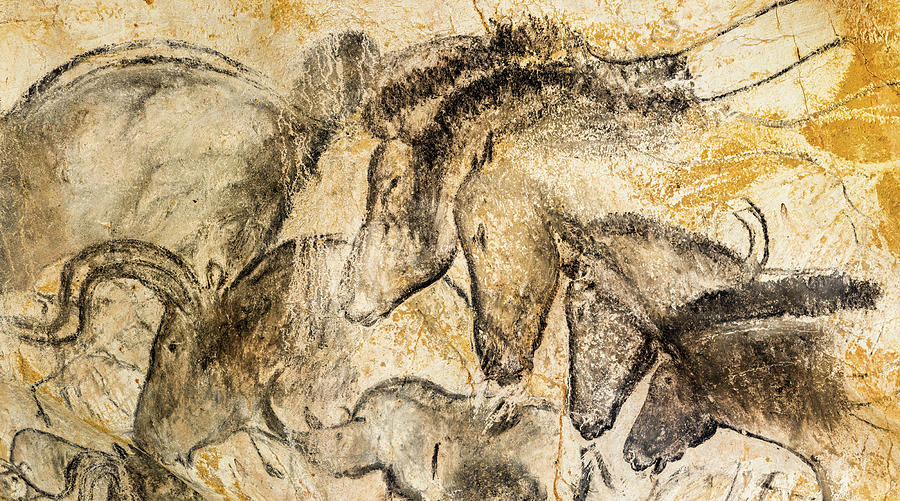 Prehistoric Painting - Heads of a Horses by Chauvet Cave