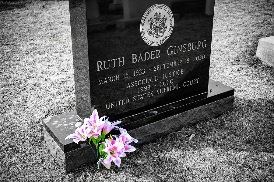 Black And White Photograph - Headstone of Supreme Court Justice Ruth Bader Ginsburg by US Army Elizabeth Fraser