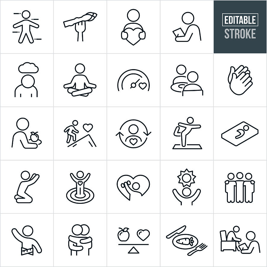 Health and Wellness Thin Line Icons - Editable Stroke Drawing by Appleuzr