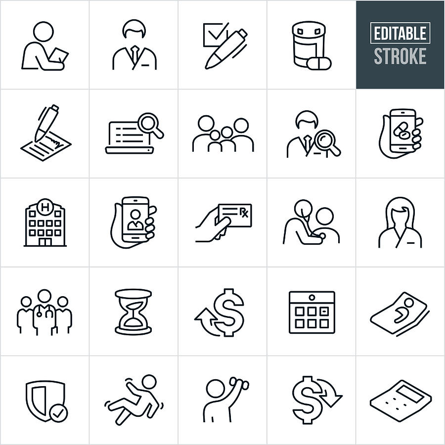 Health Care Insurance Thin Line Icons - Editable Stroke Drawing by Appleuzr