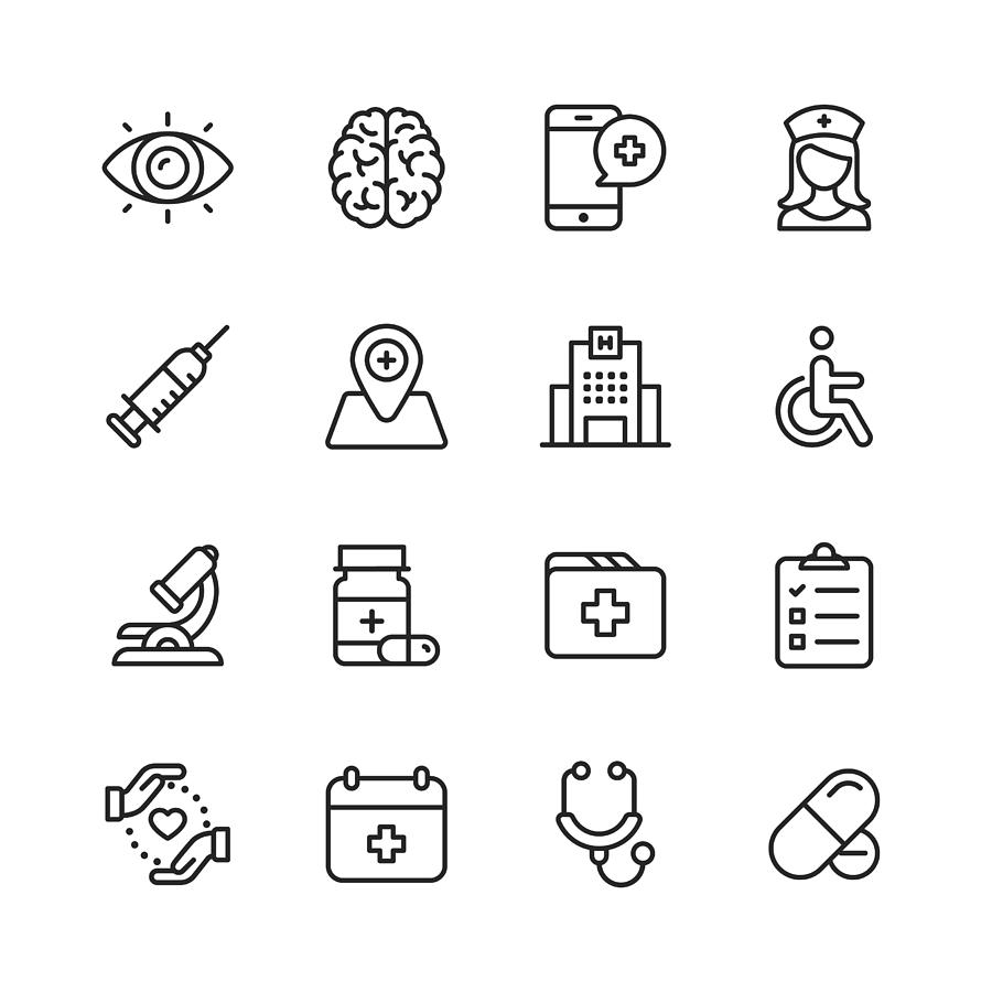 Healthcare and Medical Line Icons. Editable Stroke. Pixel Perfect. For Mobile and Web. Contains such icons as Brain, Nurse, Hospital, Wheelchair, Medicine. Drawing by Rambo182