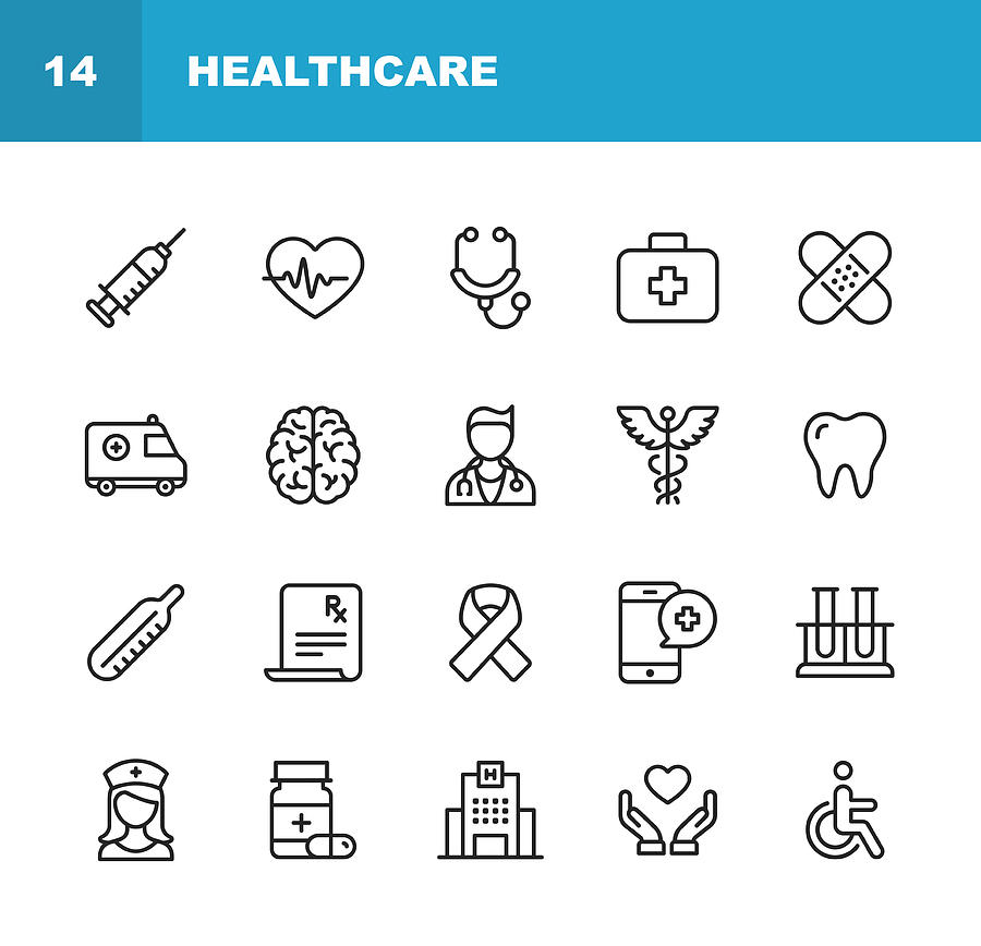 Healthcare and Medicine Line Icons. Editable Stroke. Pixel Perfect. For Mobile and Web. Contains such icons as Healthcare, Nurse, Hospital, Medicine, Ambulance. Drawing by Rambo182