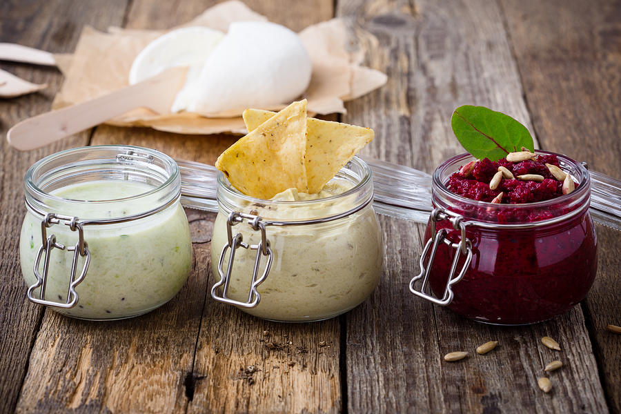 Healthy green yoghurt  smoothie and beetroot  dip Photograph by Istetiana