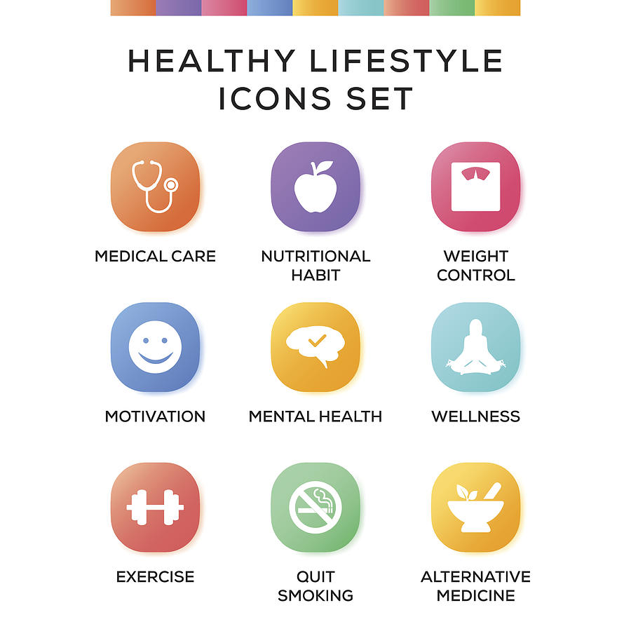 Healthy Lifestyle Icons Set on Gradient Background Drawing by Cnythzl