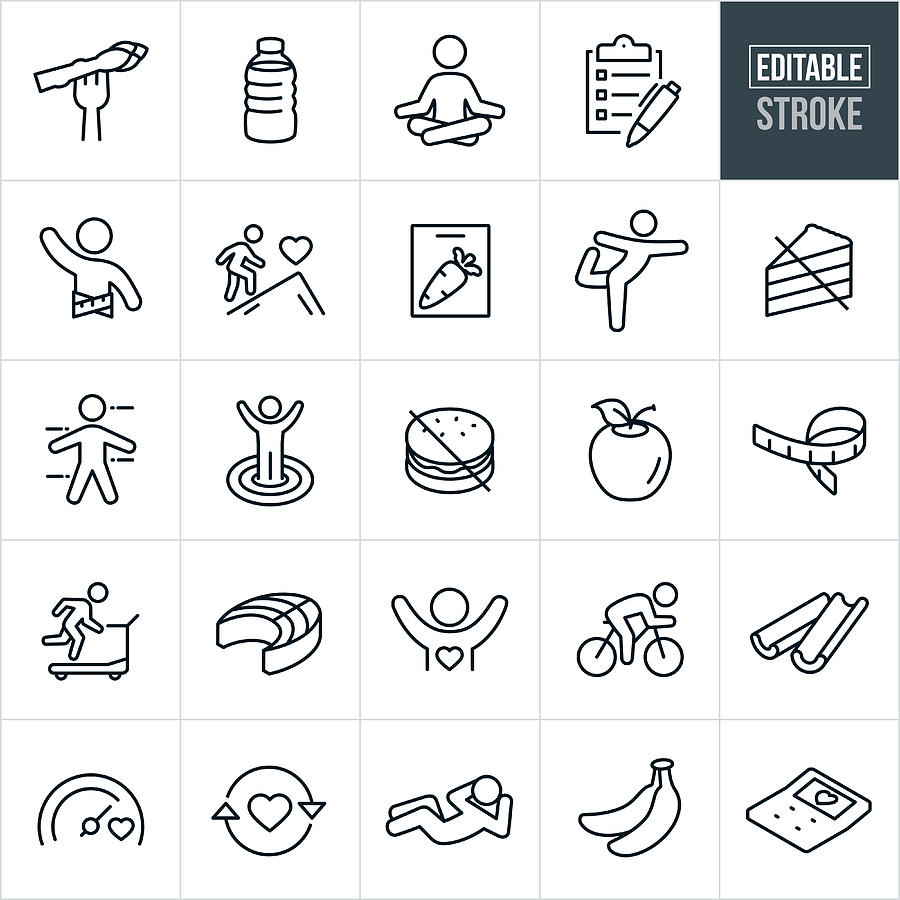 Healthy Lifestyle Thin Line Icons - Editable Stroke Drawing by Appleuzr