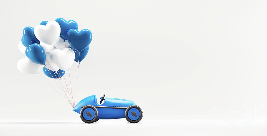 Car Photograph - Heart balloons tied to toy car. Valentines day, love by Michal Bednarek