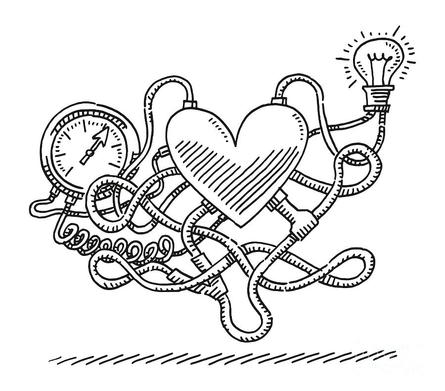 Black And White Drawing - Heart Cable Gauge Lightbulb Concept Drawing by Frank Ramspott