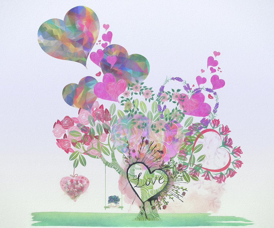 Heart Love Tree in Watercolors Digital Art by Debra and Dave Vanderlaan