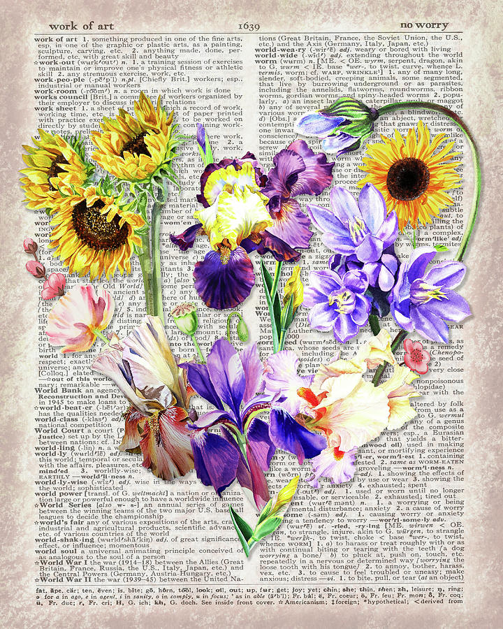 Heart Of Flowers Dictionary Page Watercolor Art Painting by Irina Sztukowski