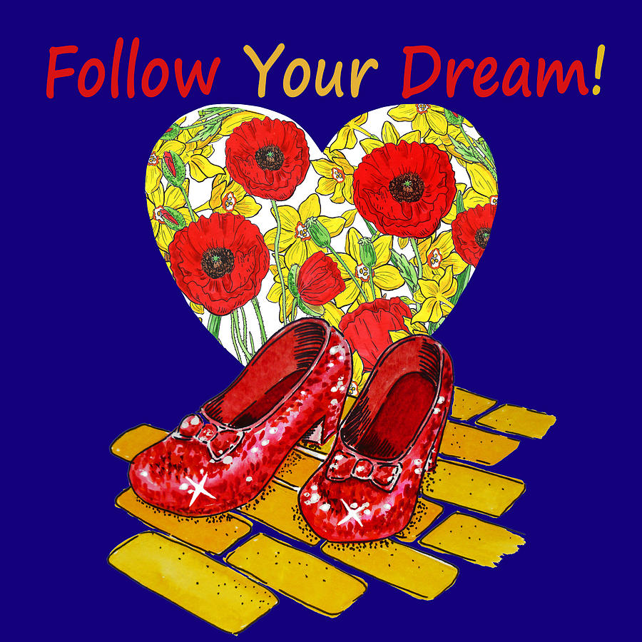 Heart Red Poppies Yellow Brick Road Ruby Slippers Follow Your Dream Watercolor  Painting by Irina Sztukowski