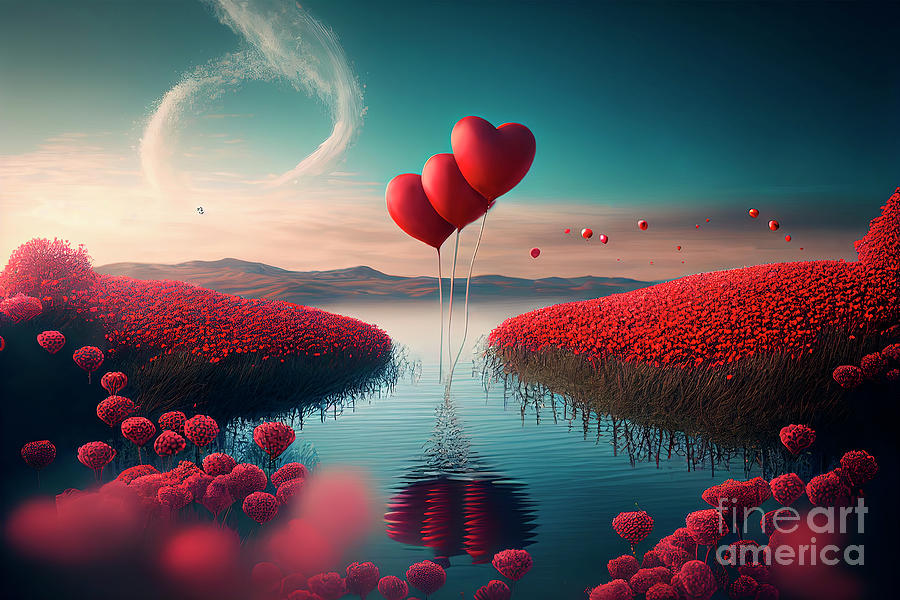 Valentines Day Digital Art - Heart shape balloons flying above red field of flowers. Valentin by Jelena Jovanovic