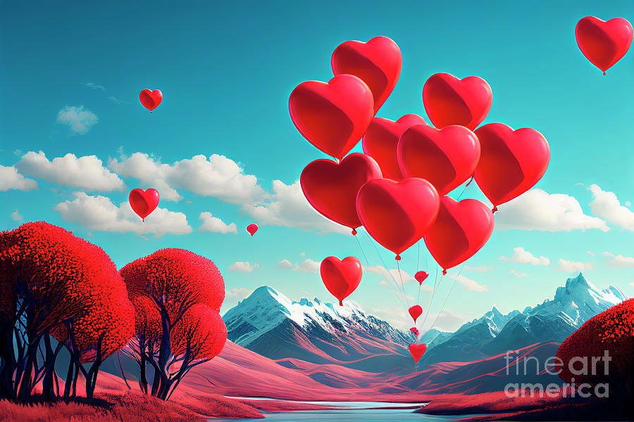 Heart shape balloons flying in the sky Digital Art by Jelena Jovanovic
