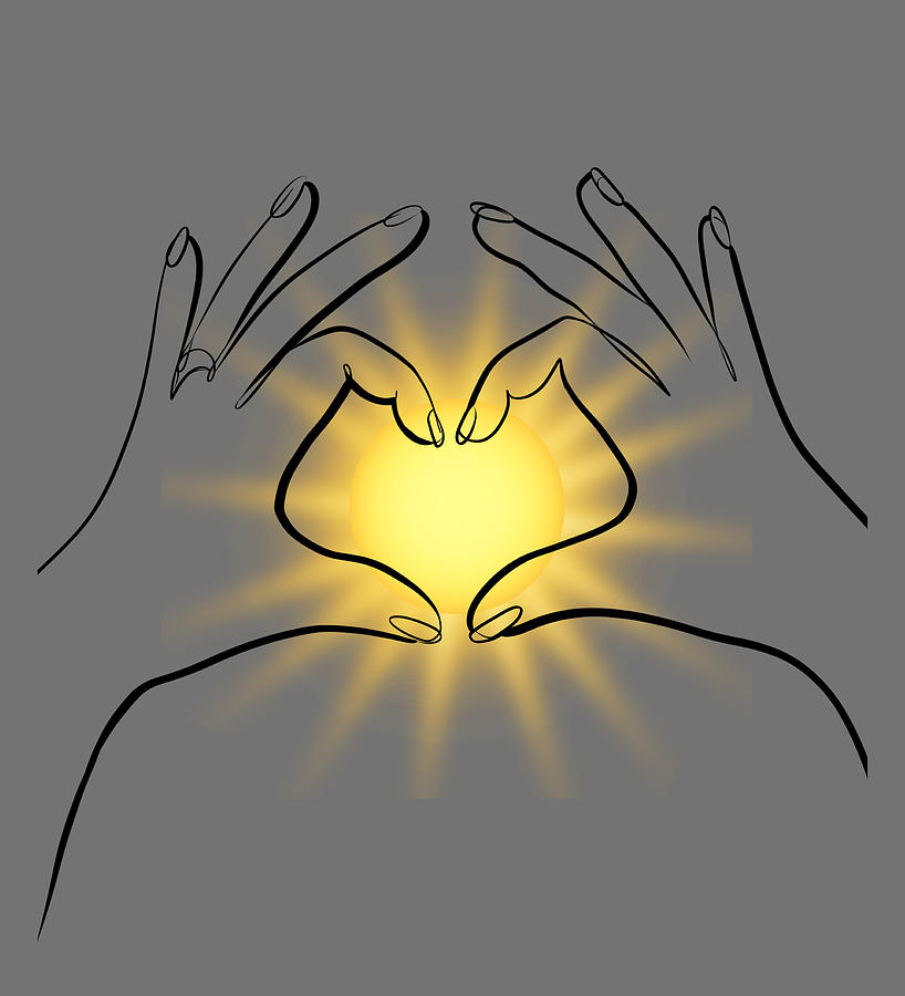 Heart-Shaped Line Drawing of the Sun in My Hands Drawing by OLena Art