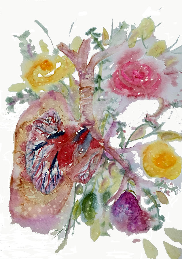 Heart with Lungs and Flowers Painting by Ann Leech