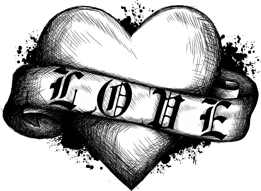 heart with ribbon tattoo drawings