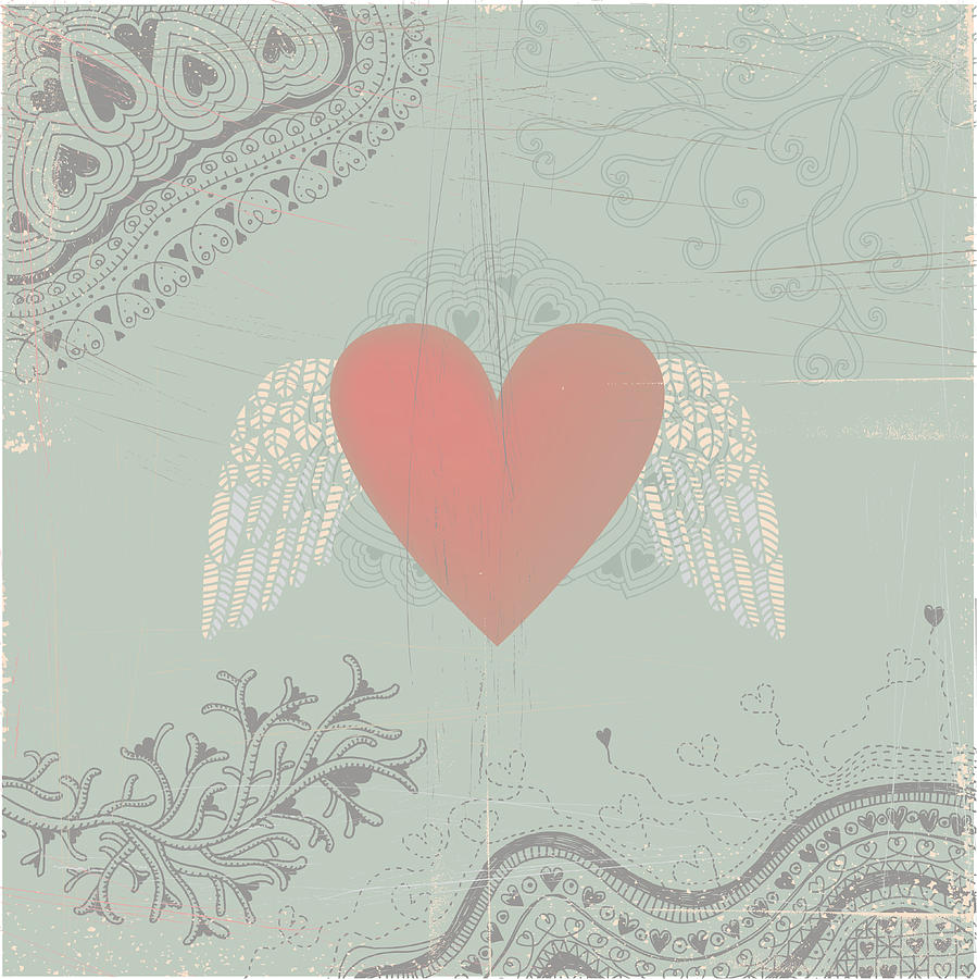 Heart with wings on seamless doodle background Drawing by Beastfromeast