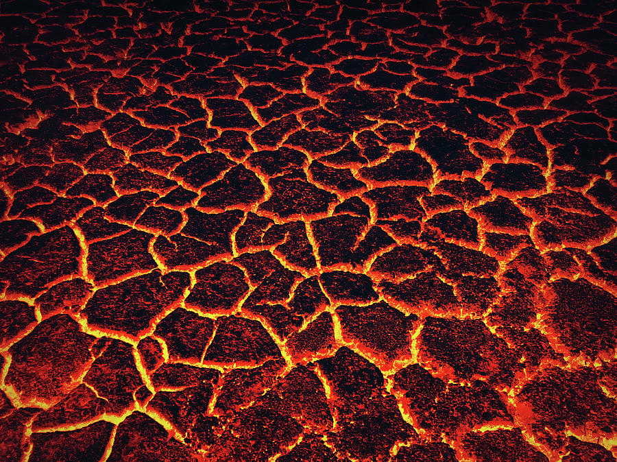 Heat Red Cracked Ground Texture Burning After Volcano Eruption. Photograph