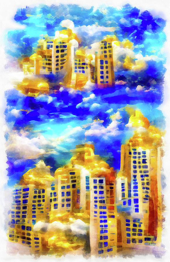 Heaven City 01 Golden Buildings Blue Sky Painting by Matthias Hauser