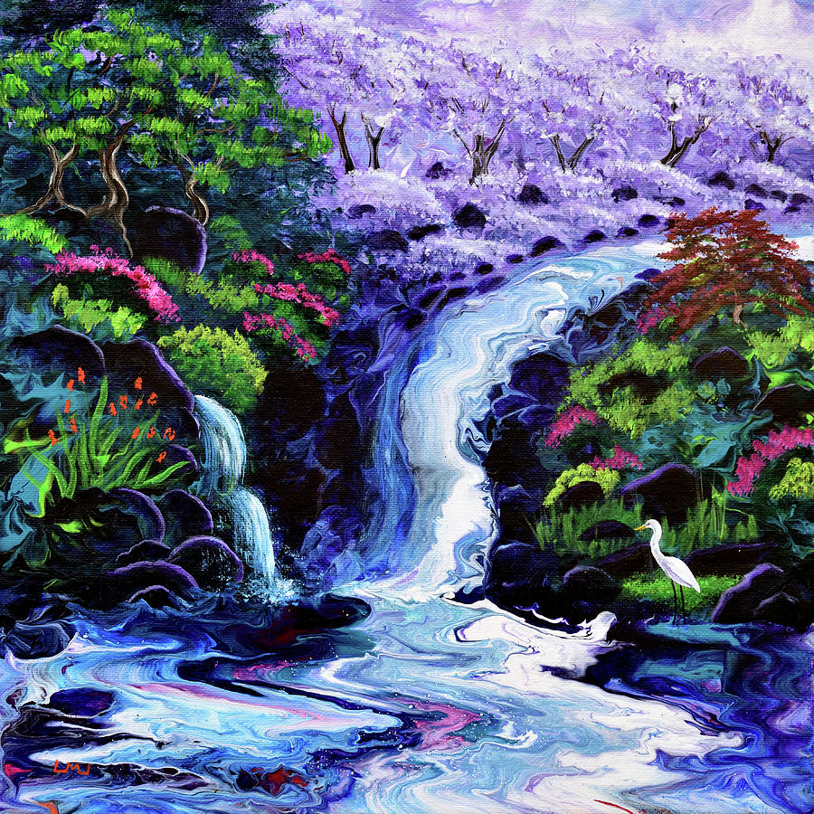Heavenly Trees Above a Waterfall Painting by Laura Iverson