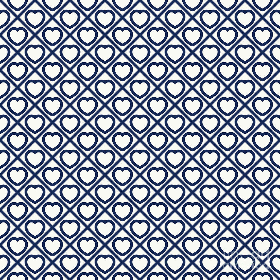 Heavy Diagonal Grid With Line Heart Pattern in Soft White And Navy Blue n.2913 Painting by Holy Rock Design