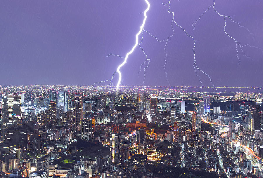 Heavy Thunderstorm and lightning over the night City, Storm and Rain Photograph by AlxeyPnferov