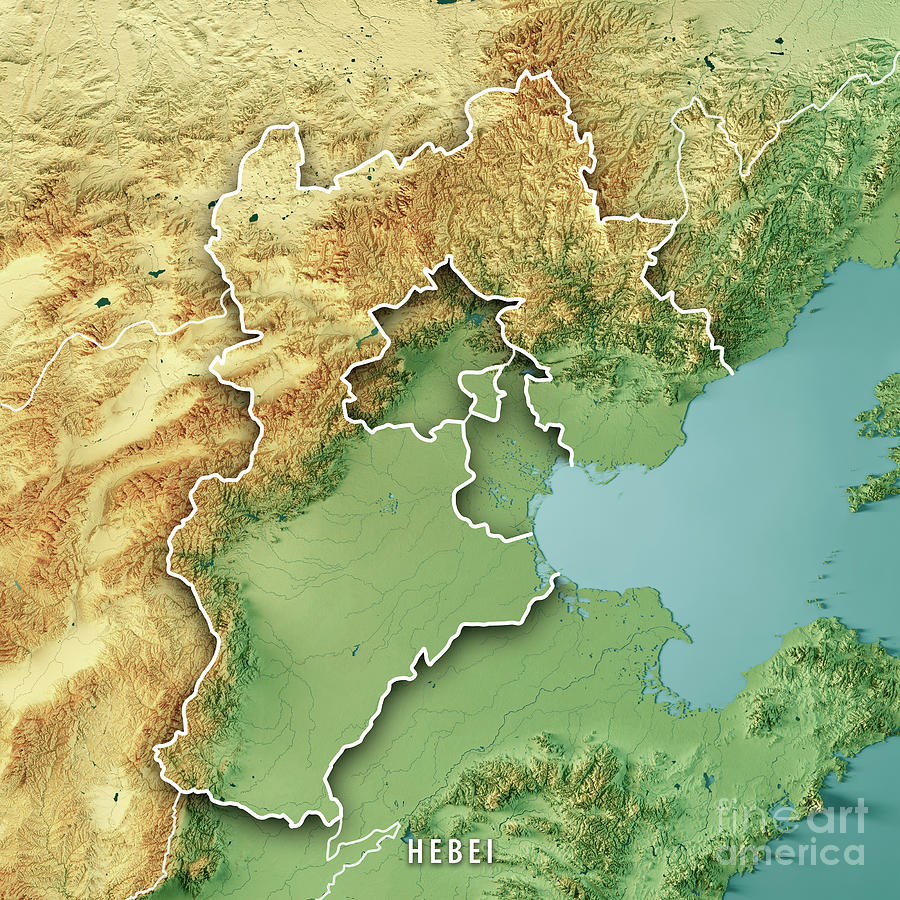 Hebei Province China 3D Render Topographic Map Color Border Digital Art