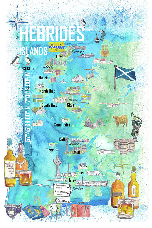 Hebrides Islands Illustrated Travel Map with Touristic Highlights ...