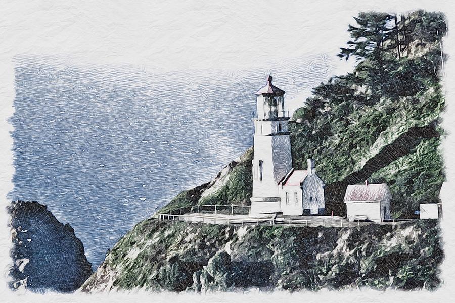 Lighthouse Mixed Media - Heceta Lighthouse sketching by Bonnie Bruno