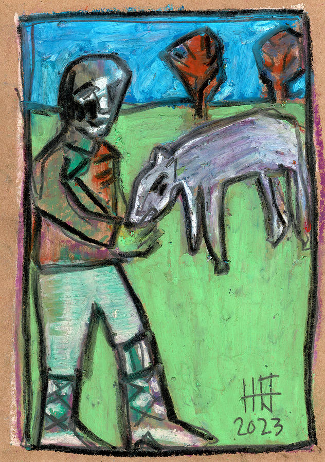 Heckels Horse Jr. Feeding a Wolf Pastel by Edgeworth Johnstone