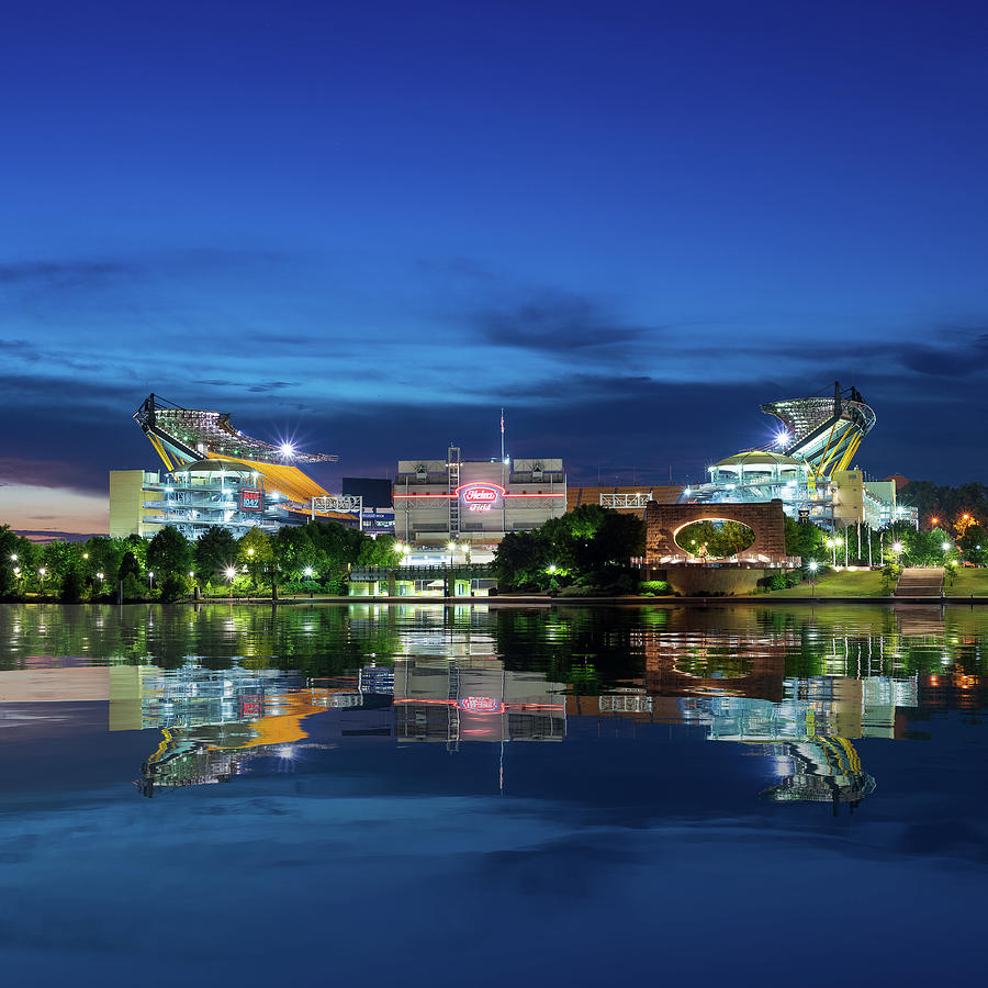 Heinz Field sports arena at night in reflection Photograph by Steven Heap