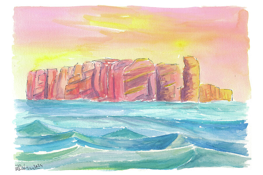 Sunset Painting - Helgoland Red Rocks Scene from North Sea by M Bleichner