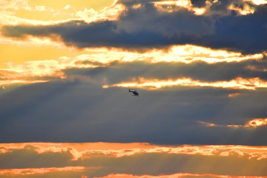 Helicopter in the Sunset over NYC Harbor Photograph by Nina Kindred