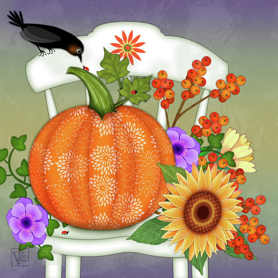 Hello Autumn Pumpkin and Flowers Digital Art by Valerie Drake Lesiak
