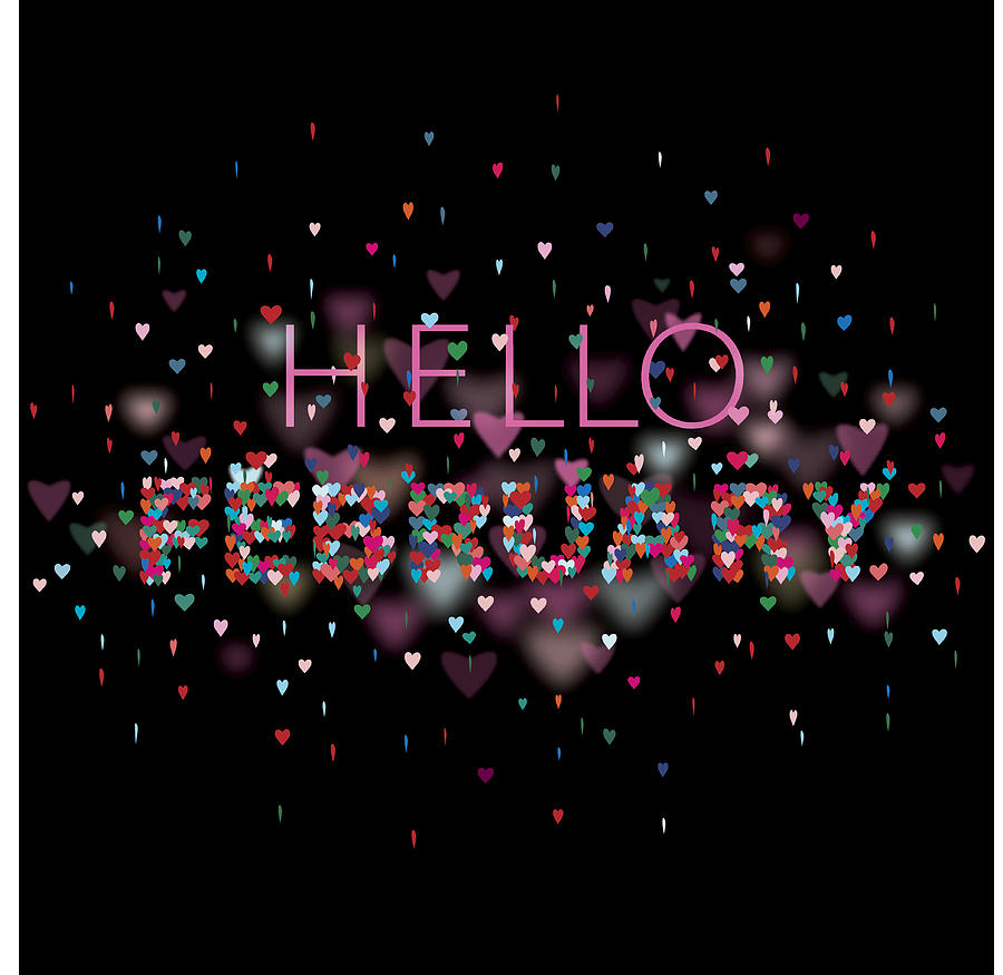 Hello February Colorful hearts black background Drawing by Marabird