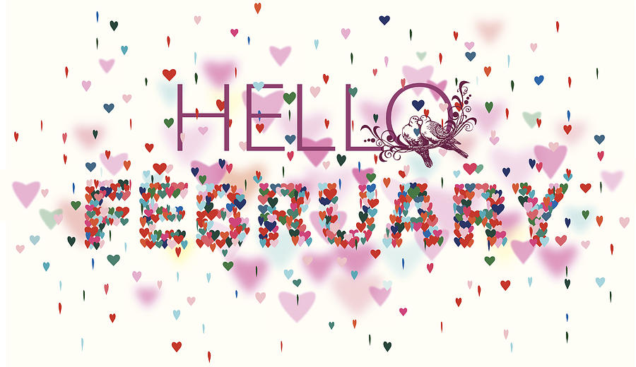 Hello February Colorful hearts white background Drawing by Marabird