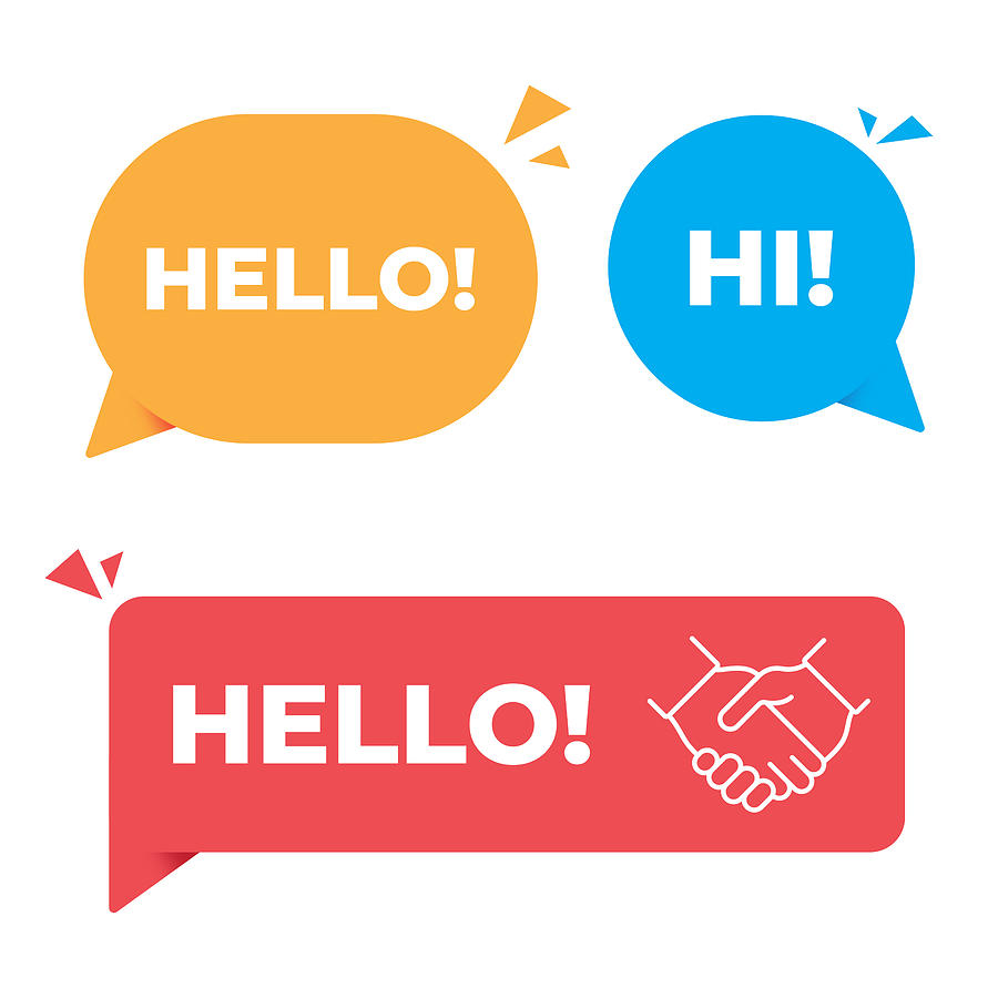 Hello, Hi Speech Bubble and Handshake Banner Vector Design. Drawing by Designer29
