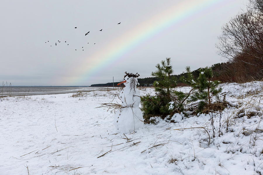 Hello Winter  With Snowman And Rainbow Latvia  Photograph by Aleksandrs Drozdovs