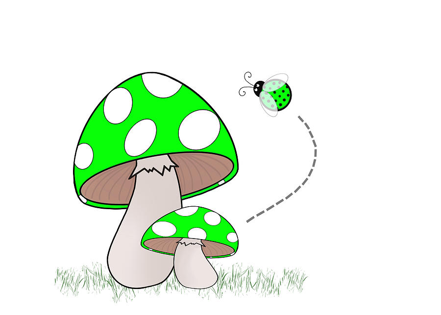 Hello said the Ladybug to the Mushrooms - Green Drawing by Patti Deters
