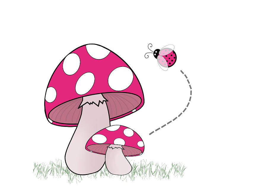 Hello said the Ladybug to the Mushrooms - Pink Drawing by Patti Deters