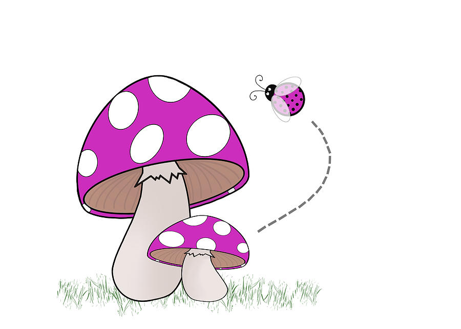 Hello said the Ladybug to the Mushrooms - Purple Drawing by Patti Deters